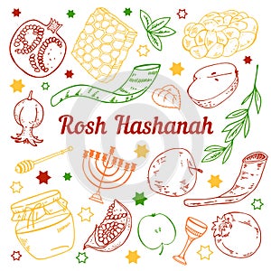 Jewish new year Rosh Hashanah. Set with traditional objects and food. Title in Hebrew Head of the year. Hand drawn vector outline