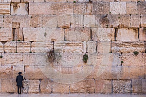 A jewish orthodox man standing at the Western Wall in Jerusalem, Israel.