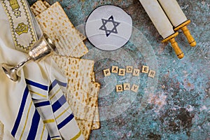 Jewish orthodox Pesach holiday Passover cup for wine with matzah