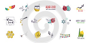 jewish religious symbols and icon set . Rosh hashanah, yom kippur and sukkot, jewish New Year holiday. icons for