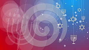 Jewish religious symbols menorah and star of david. Symbols of Judaism on blue and red abstract background