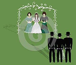 Jewish religious wedding. Chuppah. Groom lead to the bride. Vector illustration