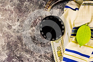 Jewish ritual festival of Sukkot in the jewish religious symbol Etrog, lulav, hadas, arava tallit praying book kippah and shofar