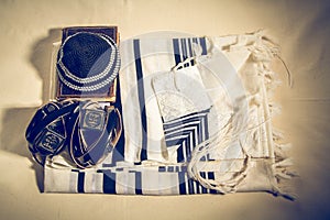 Talit, Kippah, Tefillin and Siddur, jewish ritual objects photo