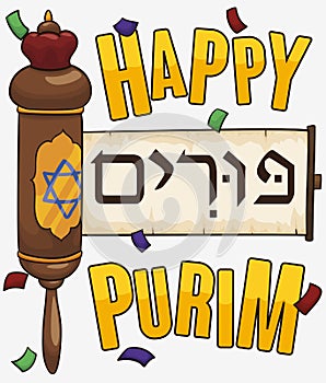 Jewish Scroll of Esther under Confetti to Celebrate Purim, Vector Illustration