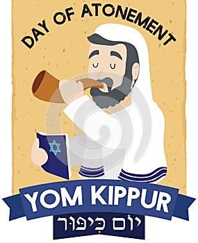 Jewish Senior Man Blowing Shofar and Praying for Yom Kippur, Vector Illustration