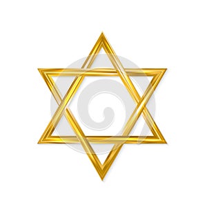 Jewish Star of David. Golden six-pointed star isolated on white background. 3d realistic hexagonal figure. Gold Magen David.