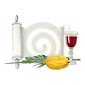 Jewish Sukkot greeting banner template with symbols, Torah scroll and red wine glass watercolor illustration