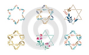 Jewish symbol. Star of David with leaves, flowers collection. Bat and Bar Mitzvah concept design