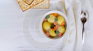 Passover Pesach holiday delicious Matzoh ball soup with matzah photo