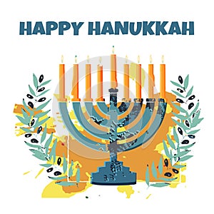 Jewish traditional holiday Hannukah. Greeting card with menorah