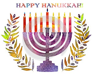 Jewish traditional holiday Hannukah.Watercolor Greeting card