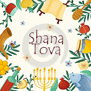 Jewish Traditional Symbols Of Shana Tova Holiday New Year Concept Vector Illustration