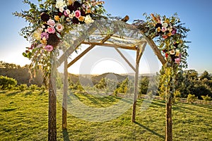 Jewish traditions wedding ceremony. Wedding canopy chuppah or huppah with clear skies