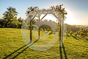 Jewish traditions wedding ceremony. Wedding canopy chuppah or huppah outside on the lawn