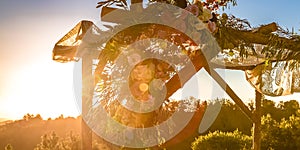 Jewish wedding Chuppah overlooking trees and sky