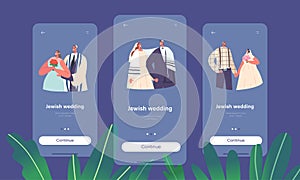 Jewish Wedding Mobile App Page Onboard Screen Template. Contemporary Jew Groom and Bride Newlywed Couples Characters