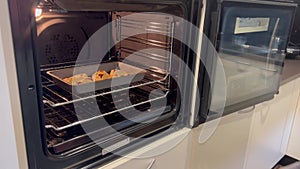 Jewish woman baking in oven Hamantaschen Purim Holiday cookies