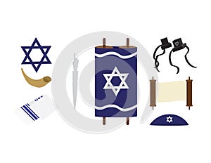 Set of Jewish symbols - Torah scroll, star of David, Tefillin, kipah, Tallit, Shofar and Torah hand