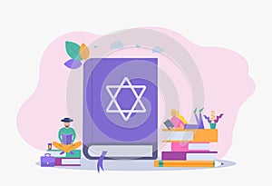 Jews read about religion. Holy Book of Torah Judaism, Jewish beliefs about Jesus. Colorful vector illustration