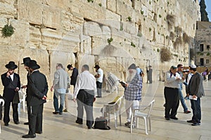 Jews under the Western Wall in Jerusalem, Israel