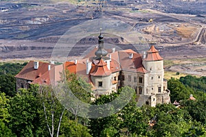 Jezeri Castle with Czechoslovak army coal mine in background, Horni Jiretin, Most district, Ustecky region, Czech Republic