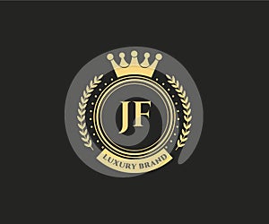 JF Initial Letter Gold calligraphic feminine floral hand drawn heraldic monogram antique vintage style luxury logo design Premium