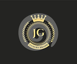 JG Initial Letter Gold calligraphic feminine floral hand drawn heraldic monogram antique vintage style luxury logo design Premium