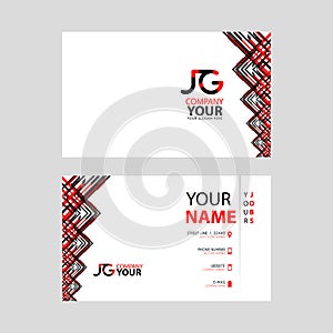 The JG logo on the red black business card with a modern design is horizontal and clean. and transparent decoration on the edges.