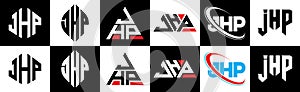 JHP letter logo design in six style. JHP polygon, circle, triangle, hexagon, flat and simple style with black and white color photo