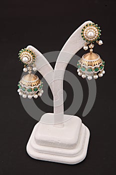 jhumki earring gold with white and green diamonds traditional wear for women