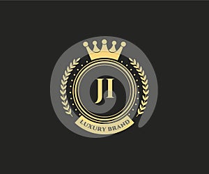 JI Initial Letter Gold calligraphic feminine floral hand drawn heraldic monogram antique vintage style luxury logo design Premium