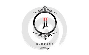 JI J I red white black decorative monogram alphabet letter logo combination icon design