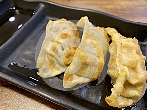 Jiaozi on black bowl with sauce photo