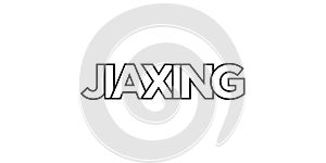 Jiaxing in the China emblem. The design features a geometric style, vector illustration with bold typography in a modern font. The