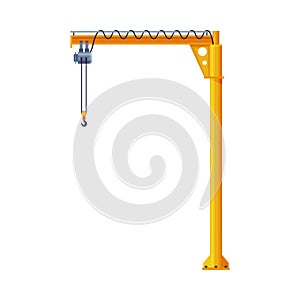 Jib Crane, Yellow Elevating Cargo or Construction Equipment Flat Vector Illustration