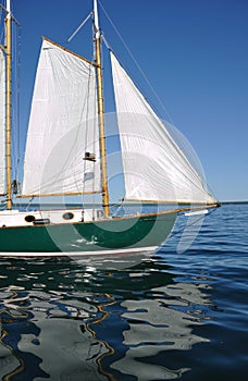 Jib Foresail and Wooden Mast of Schooner Sailboat