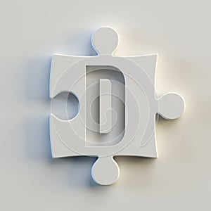 Jigsaw font 3d rendering, puzzle piece letter D