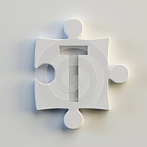 Jigsaw font 3d rendering, puzzle piece letter T