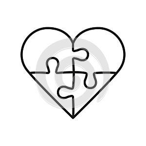 Jigsaw in Heart Shape Line Icon. Human Relationships, Love, Harmony Puzzle Pieces Match Together Linear Pictogram