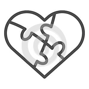 Jigsaw love puzzle line icon. Heart shaped four pieces symbol, outline style pictogram on white background. Relationship