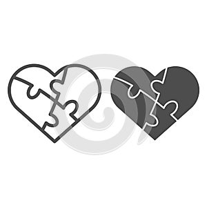 Jigsaw love puzzle line and solid icon. Heart shaped four pieces symbol, outline style pictogram on white background