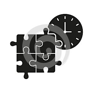 Jigsaw Pieces and Watch, Idea Countdown Silhouette Icon. Puzzle with Time, Urgency Solution Glyph Pictogram. Deadline to