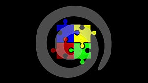 Jigsaw puzzle assembled from parts animation. Black background