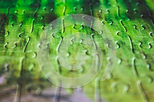 Jigsaw puzzle. Closeup of green jigsaw puzzle peices. Conceptual photo with focus on completed puzzle