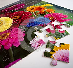 Jigsaw puzzle of colorful flowers with two pieces out