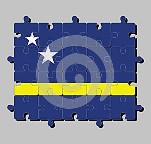 Jigsaw puzzle of Curacao flag in blue field with a horizontal yellow stripe slightly below the midline and two white stars.