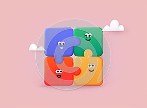 Jigsaw puzzle. Cute cartoon face. team concept. Various Emotions. Tiling puzzle. Puzzles parts. 3D Web Vector Illustrations