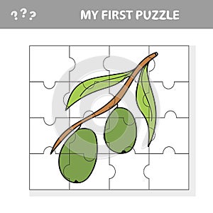 Jigsaw puzzle, education game for children. Fruits and vegetables, olives