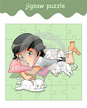 Jigsaw puzzle game of girl with 3 little cats